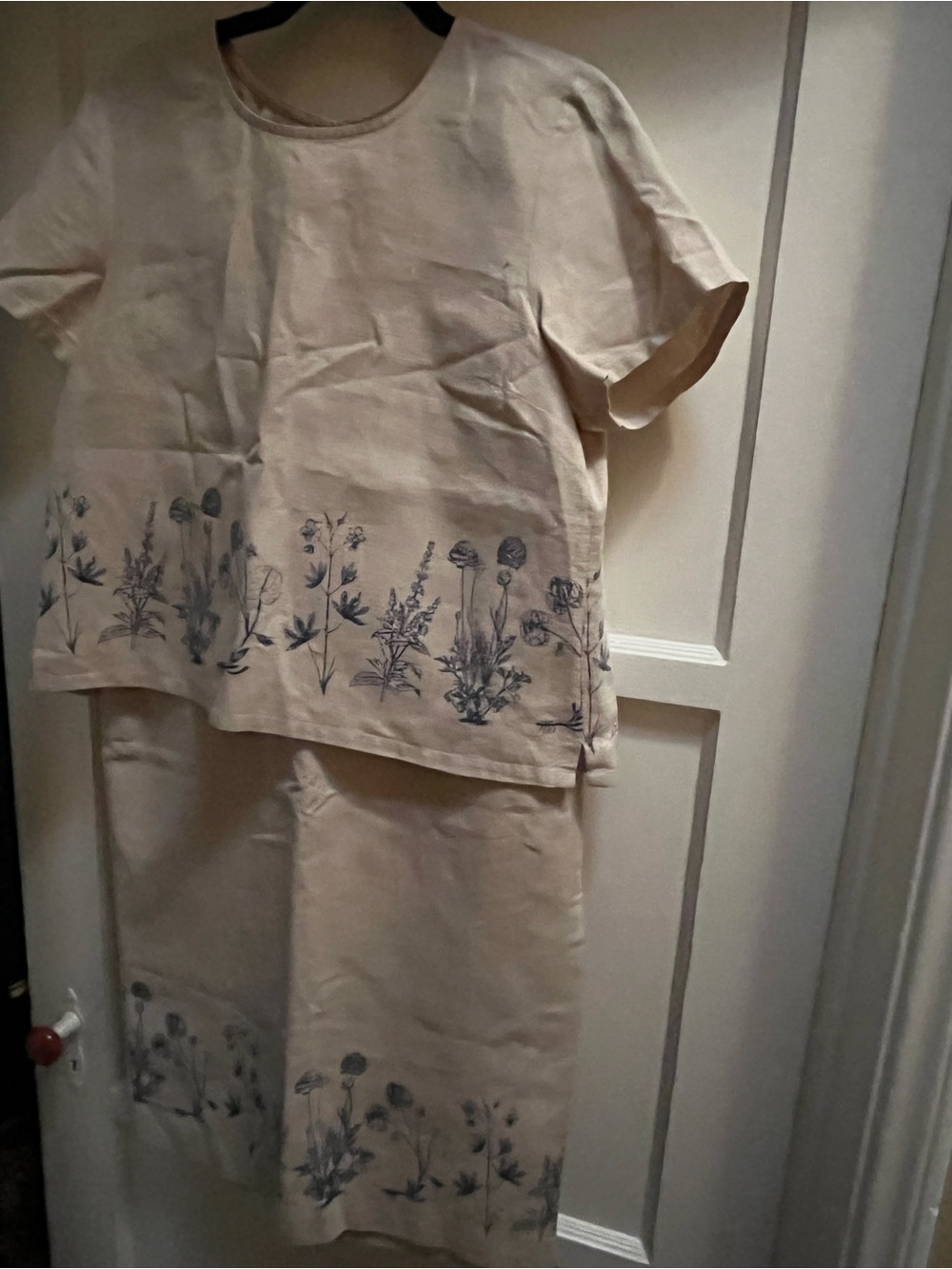 Talbots Petites Khaki with Blue Floral Linen Cotton Blend Top & Skirt Set Size M